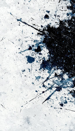 Dynamic ink formations and irregular paint splashes create an energetic, chaotic composition against a textured, tactile surface perfect for artisticの写真素材