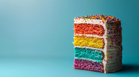 A vibrant, multi-tiered sponge dessert adorned with cheerful rainbow sprinkles and a smooth white frosting, perfect for joyful celebrations or festiveの写真素材