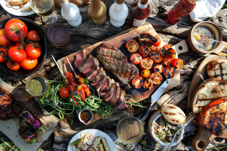 Fire-flavored feast. grilled meat and veggies for labor day picnic, perfect bbq outdoorsの写真素材