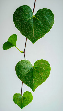 Vibrant, lush emerald leaves with a delicate heart shape intertwine along a vine, creating a fresh, organic pattern perfect for nature themes or wellnの写真素材