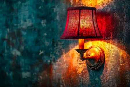 A cozy ambiance created by a retro red wall lamp casting gentle illumination on a textured surface, perfect for vintage-inspired decor or intimate setの写真素材