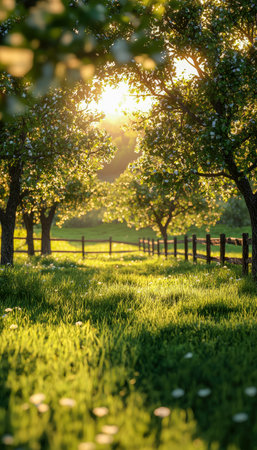 Gentle sunlight kisses vibrant blossoms as lush greenery surrounds a rustic wooden fence in a peaceful, idyllic orchard scene perfect for outdoor or nの写真素材