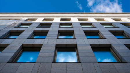 A sleek, glass-paneled skyscraper captures the vibrant blue sky, its polished surface mirroring the surrounding urban landscape with a professional atの写真素材