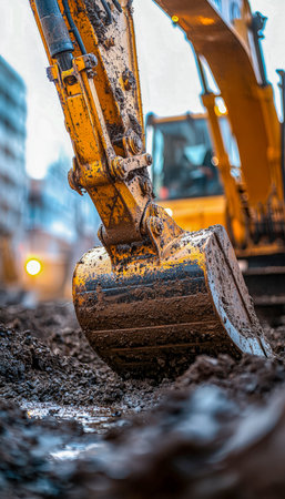 A vibrant yellow excavator bucket scoops up wet soil, showcasing industrial strength amid a rugged construction environment.の写真素材
