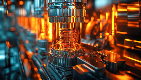 A detailed view of a high-tech circuit board with vibrant orange and blue light-emitting components,...