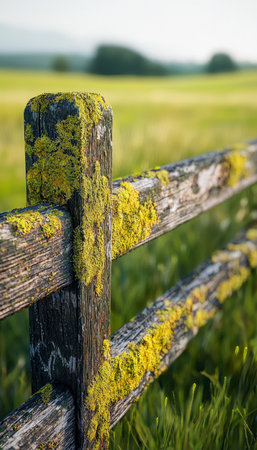 A detailed view of an aged wooden fence adorned with vibrant yellow moss, set against a lush rural landscape evoking rustic charm and natural resilienの写真素材