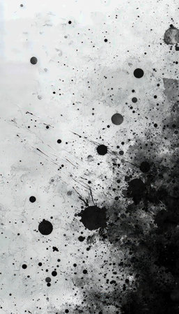 Chaotic monochrome ink design featuring dynamic splashes and scattered droplets, evoking energy,...