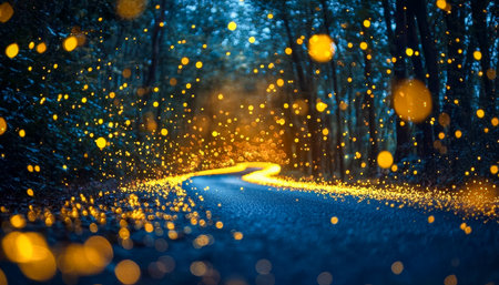 Twinkling insects drift beside a curved woodland path under moonlit skies, creating a magical, serene nighttime scene with enchanting natural illuminaの写真素材