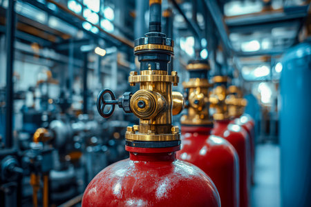 A hazard control setup featuring vivid red storage tanks alongside automated suppression components in an industrial manufacturing environment.の写真素材
