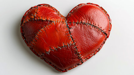 A handcrafted leather heart, sewn with visible stitches, resting against a neutral backdrop, evoking...