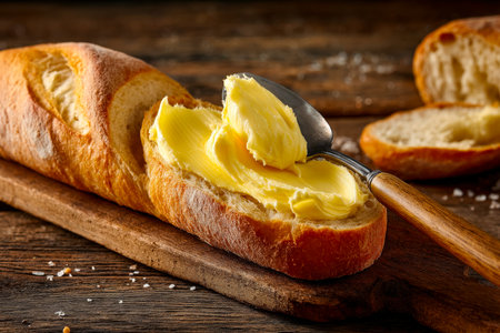 Warm, crusty bakery loaf topped with creamy butter slices, arranged on rustic wood, evoking cozy mornings and timeless comfort.の写真素材