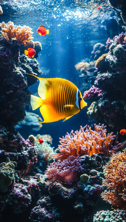 A lively array of multi-colored tropical fish glide through a vivid coral landscape, creating a...
