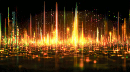 Vibrant digital lightscape featuring flowing, multicolored data currents creating an energetic,...