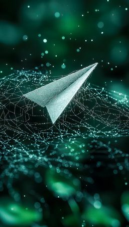 A sleek neon paper airplane soars through a luminous digital web of interconnected nodes and glowing circuitry, symbolizing innovation and connectivitの写真素材