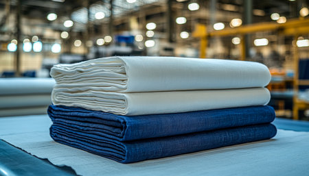 Neatly arranged cloth layers in an industrial setting, showcasing meticulous craftsmanship and vibrant textiles ready for production.の写真素材
