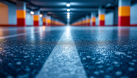 A vibrant underground lot features vivid, multicolored columns illuminated by intense lighting,...