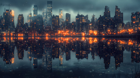 Tall modern skyscrapers glow against a dark sky, their vibrant lights shimmering on calm water,...