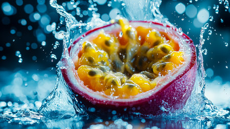 Juicy passion fruit halves create a vibrant splash scene, accented by glistening water droplets, conveying freshness and tropical zest.の写真素材