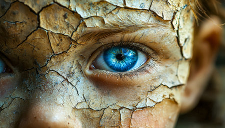An intense close-up capturing a young child's expressive face, featuring radiant blue eyes and...