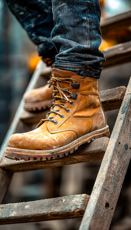 A rugged leather boot rests firmly on aged wooden stairs, conveying strength and durability, perfect for industrial or outdoor themed visuals.の写真素材