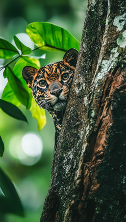 A fierce feline with piercing eyes cautiously observes its surroundings, partially hidden among lush...