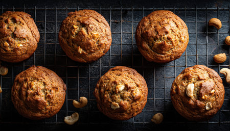 Warm, golden muffins studded with nuts rest on a wire rack, with crunchy cashews artfully sprinkled...