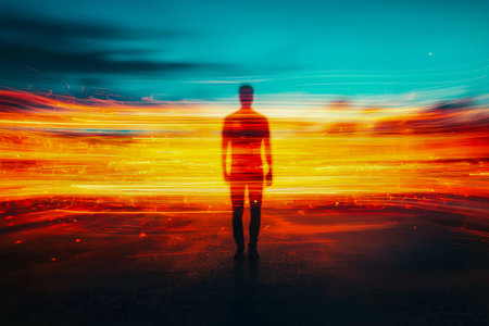 A lone figure against a burst of colorful streaks illuminates a lively cityscape, capturing energy...