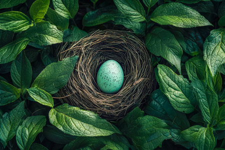 A fragile, pale blue eggshell with dark speckles nestled among lush green foliage, evoking freshness and new beginnings.の写真素材