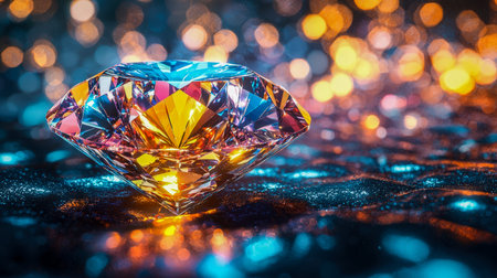 A shimmering gemstone rests amid shimmering particles, reflecting vibrant hues from a blurred,...