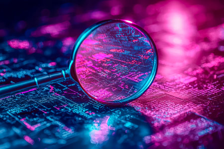 Focused close-up of a hand holding a magnifying glass over a luminous digital interface filled with streaming data and holographic visuals, exuding aの写真素材
