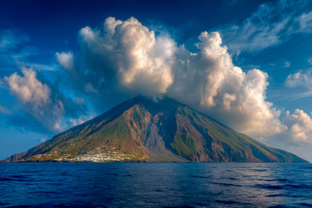 An awe-inspiring volcanic peak dominates the seascape, cloaked in swirling storm clouds, evoking...