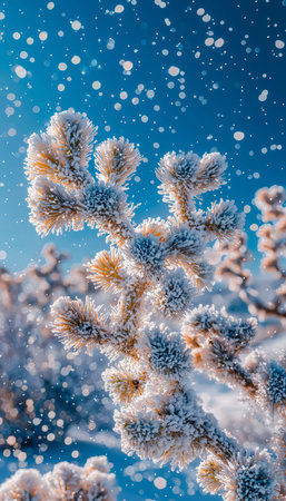 A frosty cactus limb rests amidst a cold winter scene, snow gently descends against a crisp, azure...