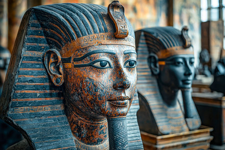 Intricately carved stone busts of revered Egyptian kings rest on polished plinths, evoking majestic...