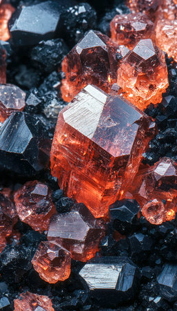 Intricate orange and black mineral crystals display striking textures and vivid hues, perfect for...