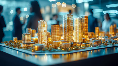 A detailed miniature cityscape glowing with lights, showcasing towering skyscrapers along a...
