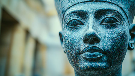 An intricately carved Egyptian sculpture capturing expressive facial details, showing aged stone textures that evoke historical grandeur and timeleの写真素材