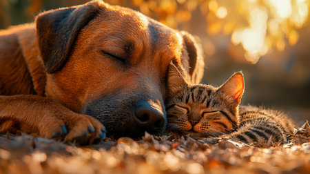 A serene scene of a dog and cat nestled side by side on colorful fallen leaves, exuding warmth, tranquility, and autumnal harmony outdoors.の写真素材