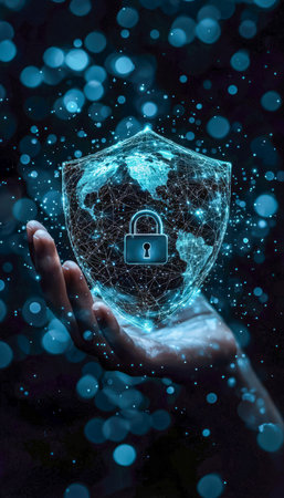 A high-tech glowing hologram displays a secure globe with a padlock, symbolizing advanced global cybersecurity in a sleek, futuristic style.の写真素材