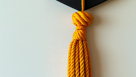 A vibrant yellow rope, intricately knotted, dangles from a contrasting monochrome ceiling corner, evoking a rustic yet artistic ambiance.の写真素材