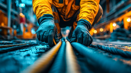 A technician working against a dark background, securing vibrant cables inside a vast industrial environment illuminated by focused lighting.の写真素材