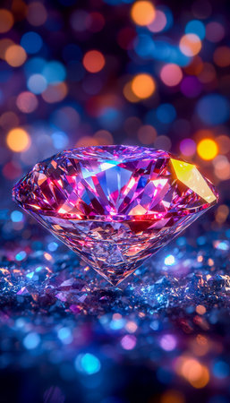 A radiant pink gemstone sparkles brilliantly against a vibrant, dreamy backdrop of multi-colored bokeh light circles, creating a luxurious and celebraの写真素材