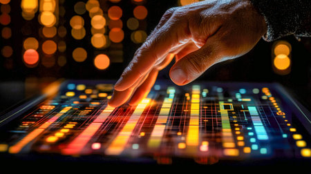 A hand delicately adjusts vibrant audio controls on a night-lit tablet, capturing a creative moment...