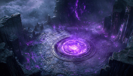 A glowing, high-tech gateway flickers with intense violet hues, set against a rugged landscape, evoking a sense of otherworldly mystery and advanced aの写真素材