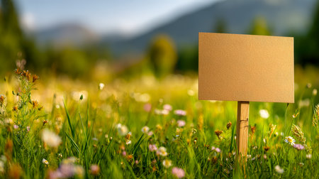 A pristine empty signframe stands amid vibrant blooms in a lush meadow, with majestic mountains looming in the distance, evoking a serene, inviting moの写真素材