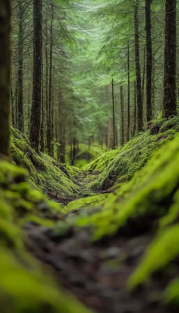 A tranquil woodland trail blanketed in vibrant moss, surrounded by towering trees and thick undergrowth, evoking serenity and natural beauty.の写真素材