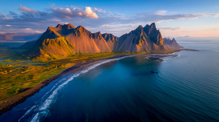 Vibrant cliffs overlook serene azure waters as dawn's first light reveals jagged peaks and gentle plains along a breathtaking seascape.の写真素材