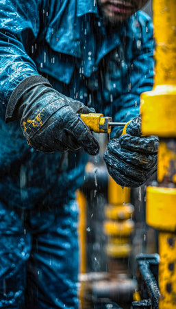 A focused technician secures a fastener amidst droplets, emphasizing durability and precision in challenging weather conditions on an industrial site.の写真素材