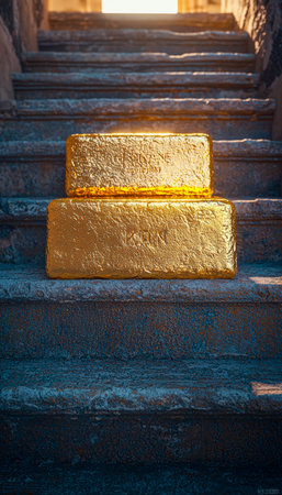 Shimmering gold bars rest on rugged stone steps, bathed in bright sunlight that highlights their...