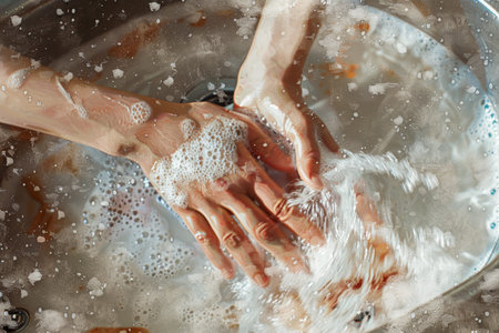 Woman washing dishes in well-lit kitchen sink, detailed illustration capturing motion and texture