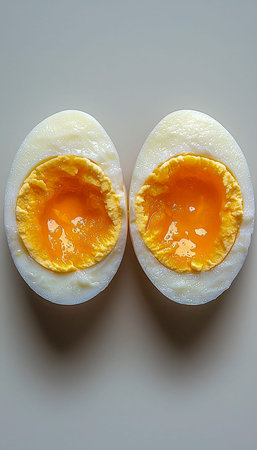 Close-up of tender, perfectly halved eggs revealing creamy, golden yolks that oozes onto a clean...